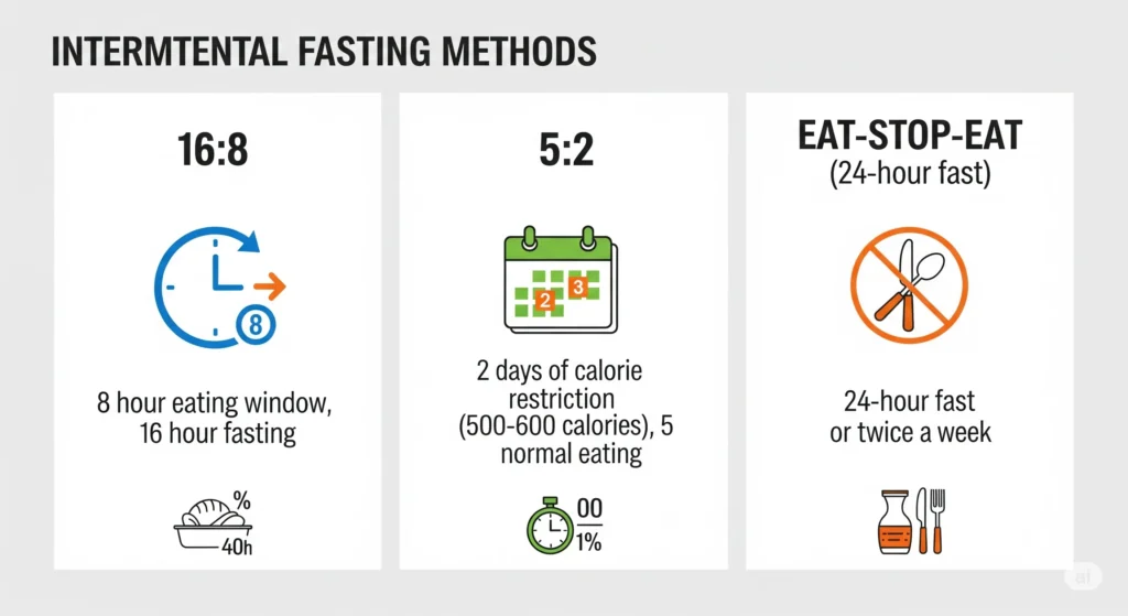 Infográfico comparando métodos de jejum intermitente 16:8, 5:2 e 24h. Guia jejum intermitente.