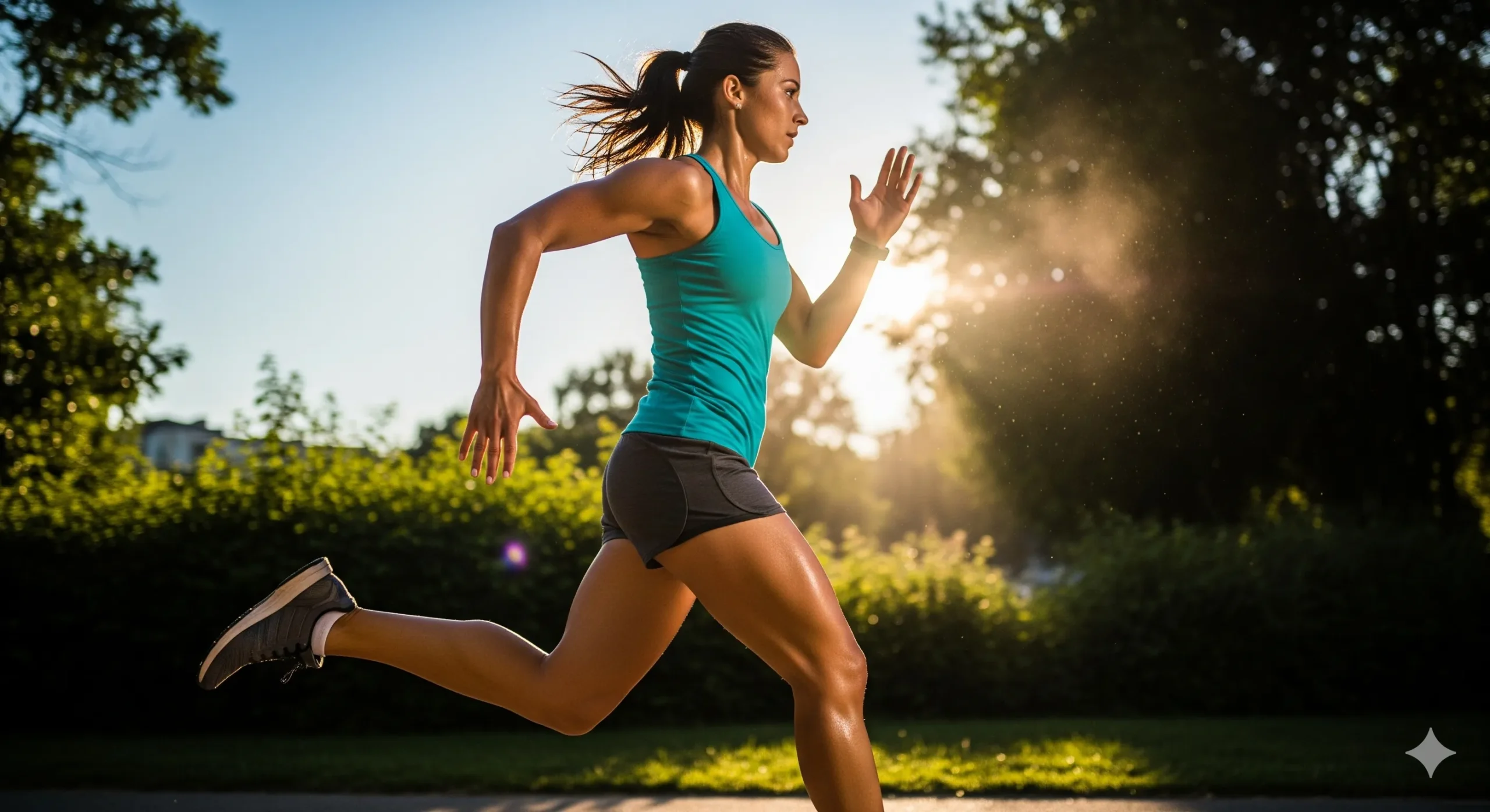 (Imagem de Destaque 1: Uma atleta correndo ao ar livre em um dia de sol. A imagem é vibrante e energizante, com os raios de sol iluminando-a. Palavra-chave na descrição: vitaminas essenciais para atletas)