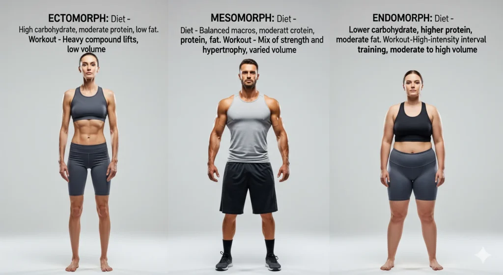 (Imagem de Destaque 5: Três pessoas, cada uma representando um biotipo (ectomorfo, mesomorfo e endomorfo), com legendas indicando a dieta e o treino ideal para cada um. Palavra-chave na descrição: biotipo e dieta para massa muscular)