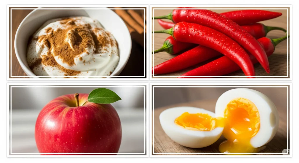 Colagem de fotos de alimentos naturais como canela, pimentas, iogurte e frutas. Alimentos que ajudam a emagrecer.