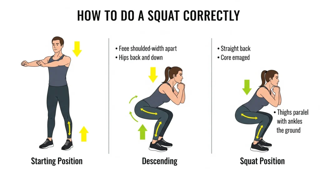 (Imagem de Destaque 2: Infográfico passo a passo de como fazer um agachamento corretamente. Uma pessoa em três posições: posição inicial, a pessoa descendo e a pessoa na posição de agachamento. Seta indicando o movimento e o alinhamento das costas. Palavra-chave na descrição: exercícios para ganhar massa em casa