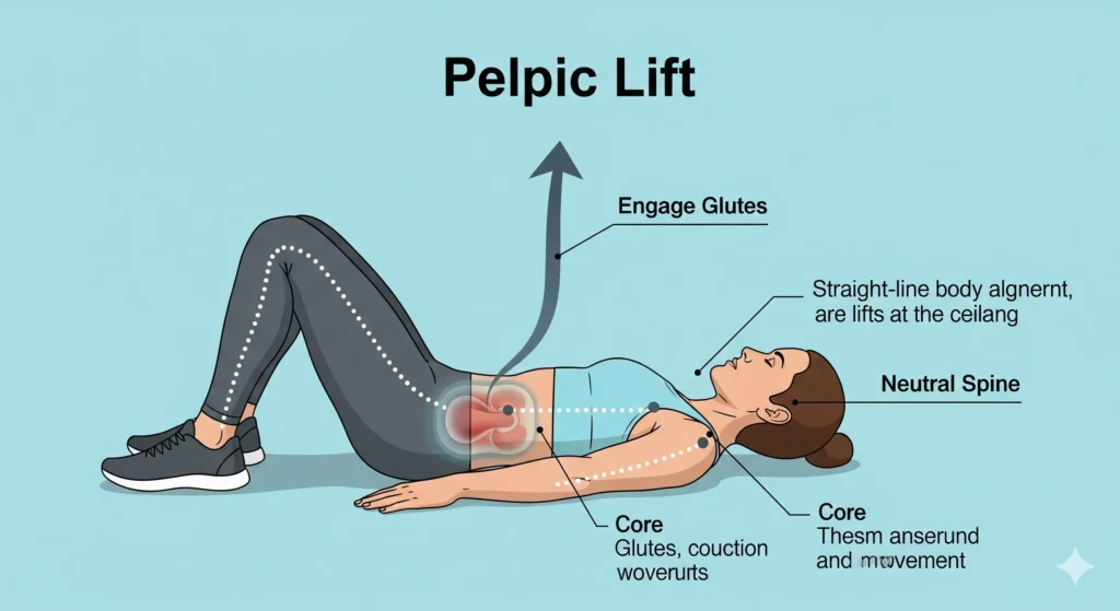 Infográfico de uma pessoa deitada no chão, fazendo a elevação pélvica. O movimento é indicado com uma seta. A imagem foca na contração dos glúteos e no alinhamento do corpo. Palavra-chave na descrição: exercícios para ganhar massa em casa