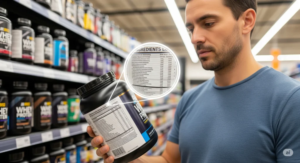 Pessoa em loja de suplementos examinando o rótulo de um pote de whey protein com uma lupa virtual sobre os ingredientes. Como escolher whey protein.