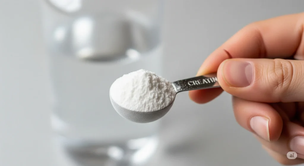 Uma mão segurando uma pequena colher medidora com creatina em pó sobre um pote de água. Como tomar creatina