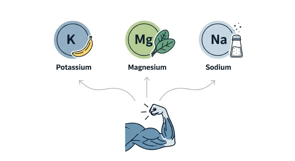  Um infográfico minimalista que mostra ícones para Potássio (K), Magnésio (Mg) e Sódio (Na) com setas apontando para a ilustração de um músculo se contraindo, simbolizando a função muscular impulsionada por eletrólitos.