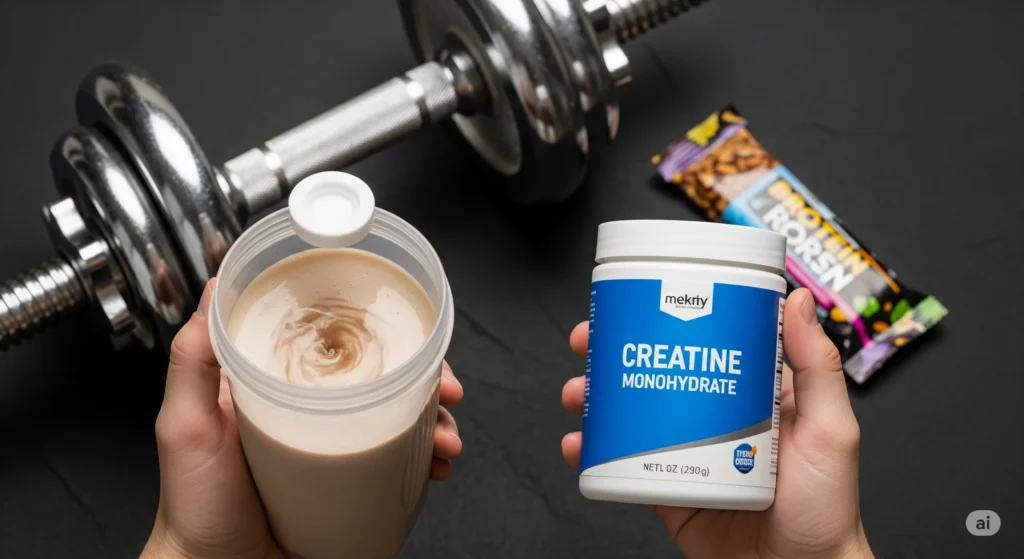 Mão segurando copo de shake de whey protein e pote de creatina. Suplementos para massa muscular.