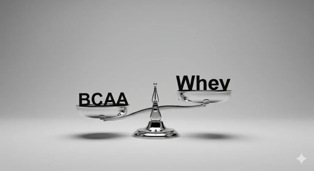 Uma balança de dois pratos. No prato da esquerda, a palavra "BCAA" e no da direita, a palavra "Whey". O prato do Whey está visivelmente mais pesado, simbolizando a superioridade