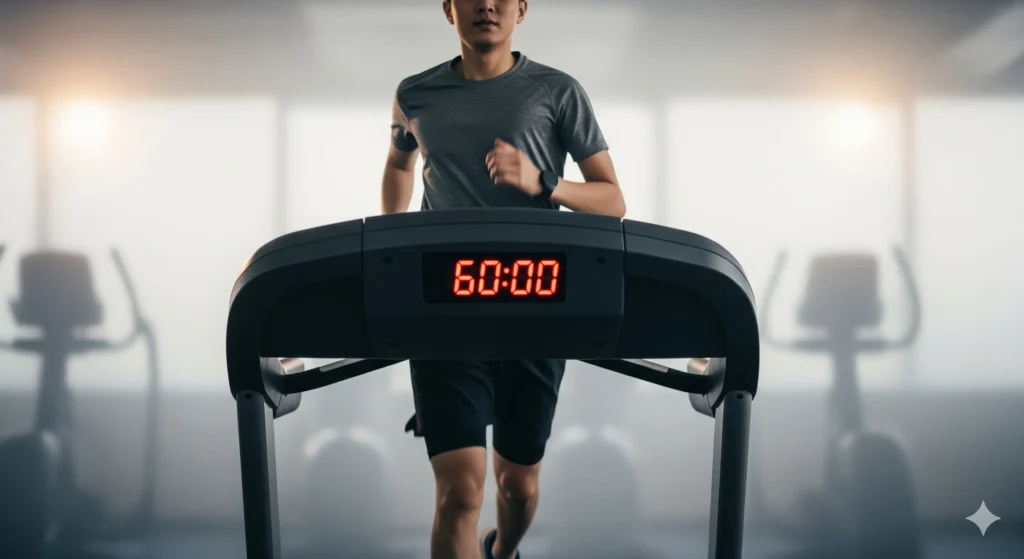 Pessoa correndo em uma esteira de academia, com um relógio digital mostrando 60:00 em destaque. Foco na pessoa e no tempo, ilustrando 'bcaa para que serve emagrecer' e a preservação muscular