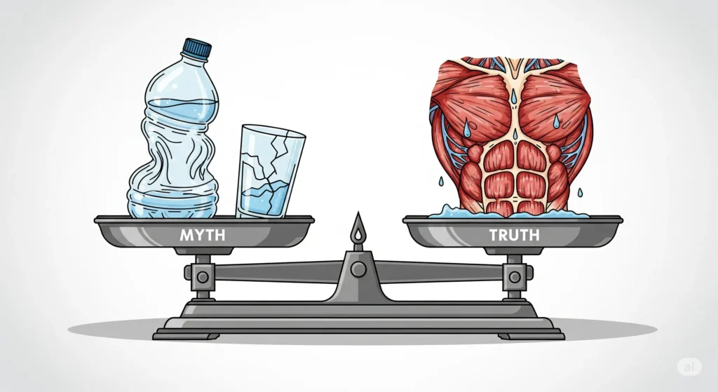 Balança de dois pratos: um lado com ícones de mitos (retenção de líquido) e o outro lado com verdades (músculo hidratado). Mitos e verdades sobre creatina.