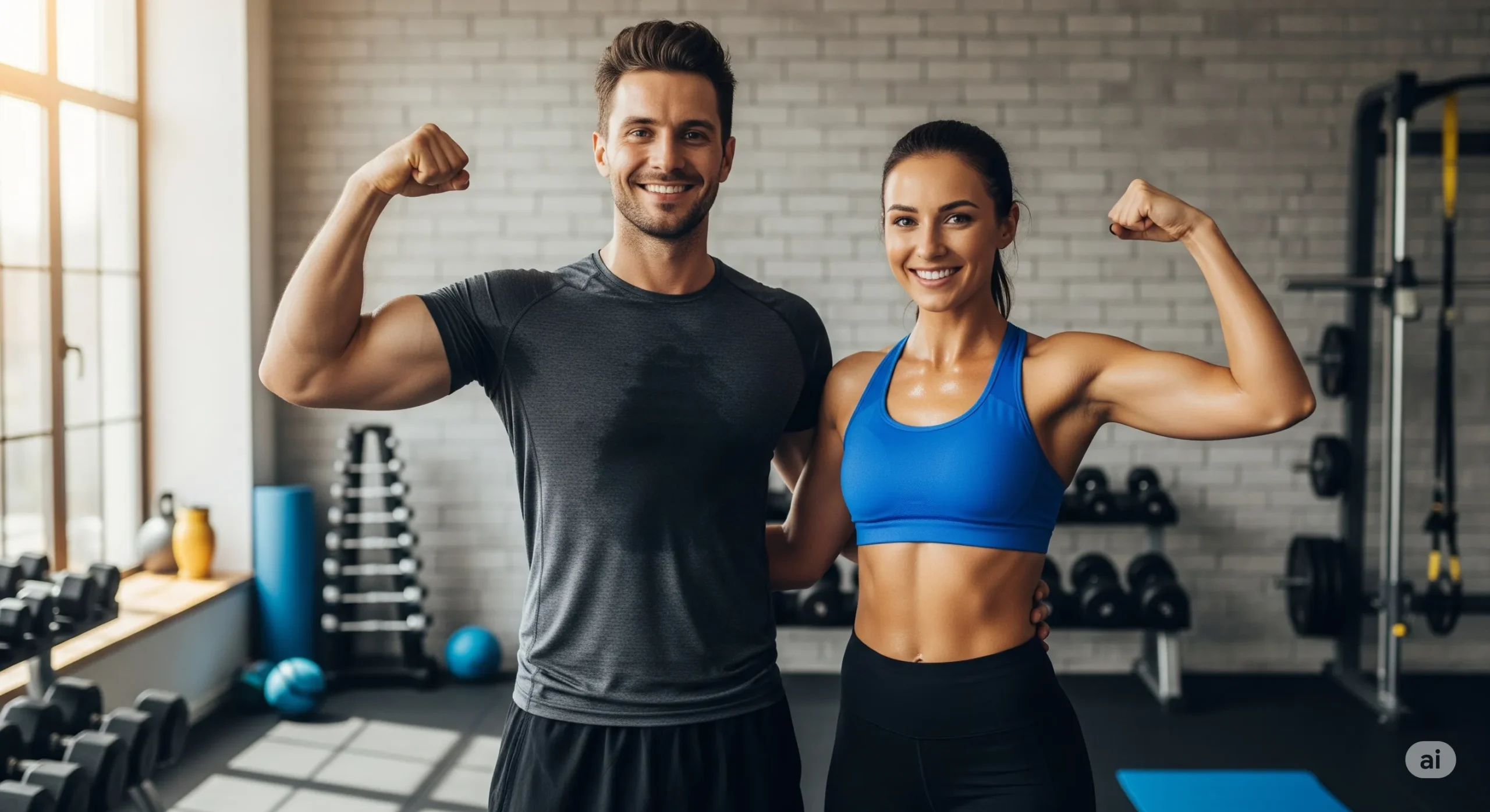 Casal atlético e sorridente em academia, mostrando músculos. Como aumentar a massa muscular.