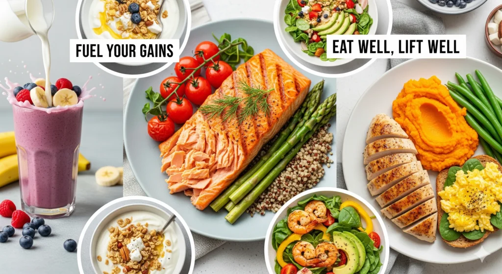 (Imagem de Destaque 4: Uma colagem de fotos de pratos coloridos e nutritivos: salmão com vegetais, frango com batata doce, e um shake de proteína com frutas. A imagem é vibrante e inspira uma alimentação saudável. Palavra-chave na descrição: dieta para ganhar massa muscular)