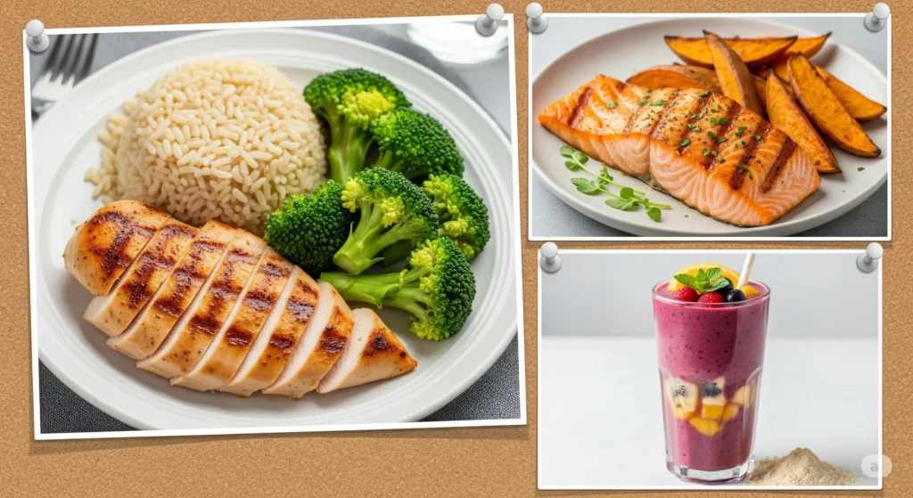 Colagem de fotos de pratos de comida saudáveis para hipertrofia. Dieta para ganhar massa muscular.