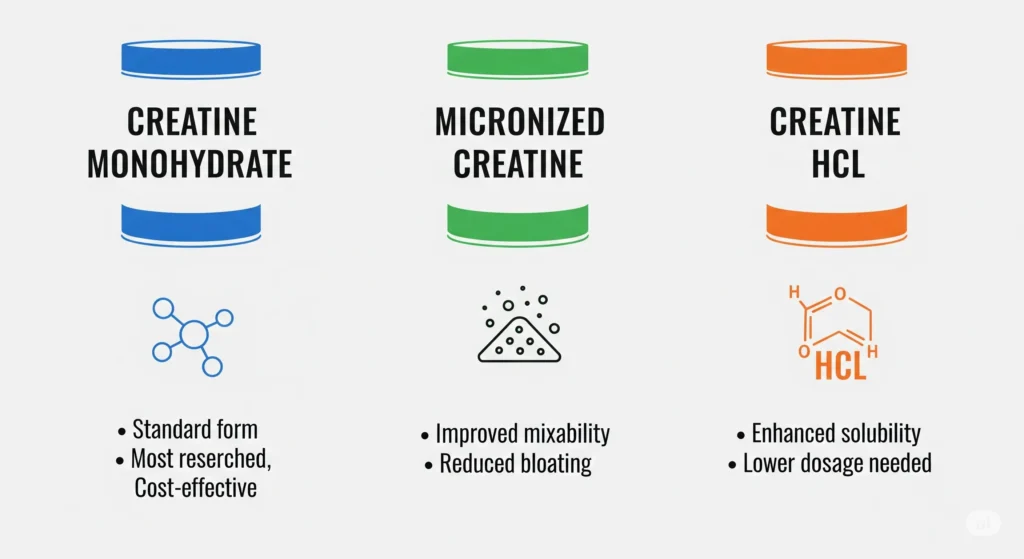 Representação dos três tipos de creatina: monohidratada, micronizada e HCL, com ícones sobre cada um. Tipos de creatina.