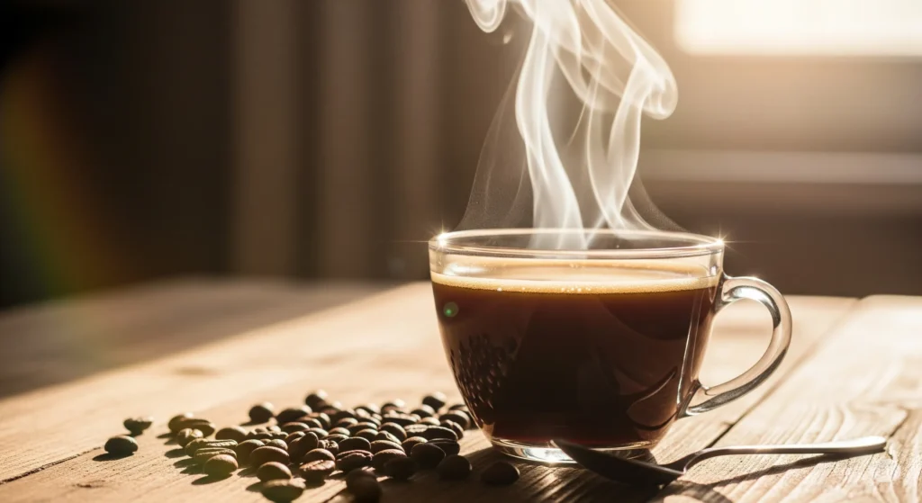 café para acelerar o metabolismo xícara quente com vapor e grãos