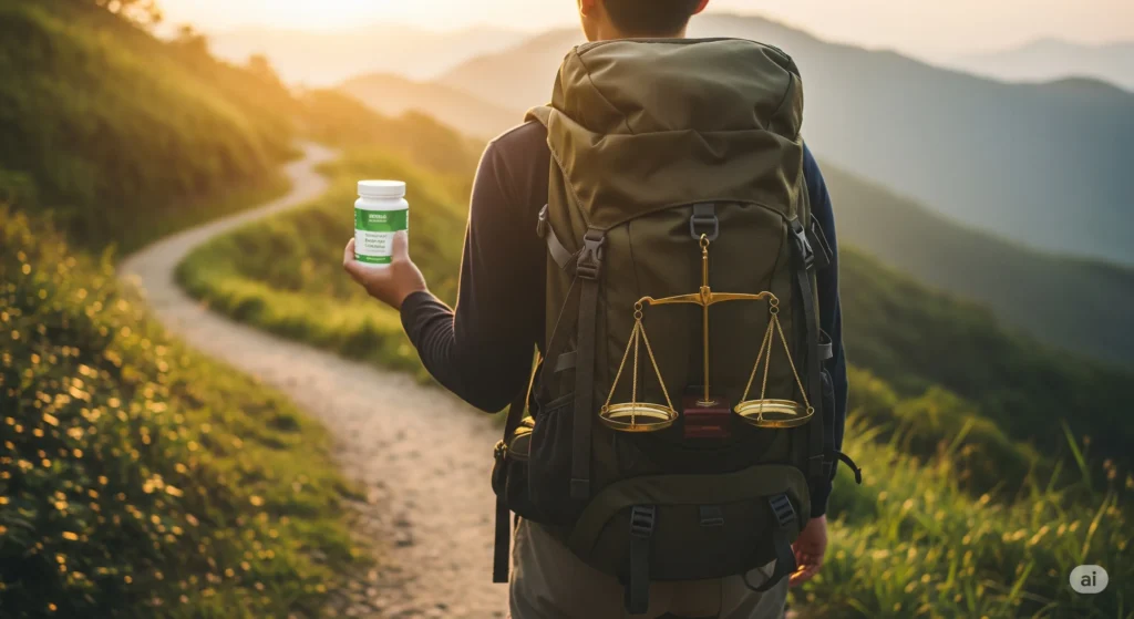 Pessoa em caminho de montanha com mochila, balança de equilíbrio e pote de suplemento. Guia jejum intermitente.