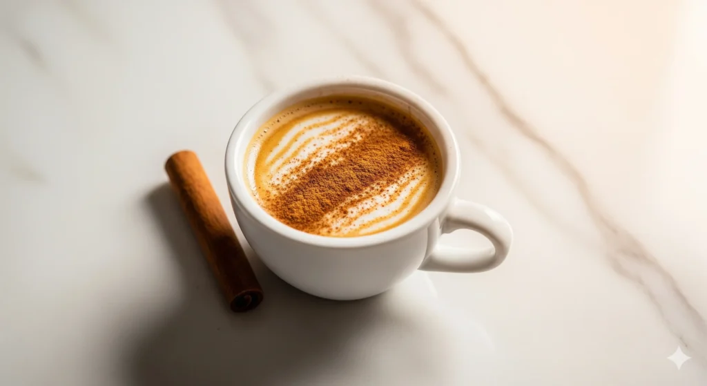 Um shot de café em uma xícara pequena, com canela em pó por cima e um pau de canela ao lado. O fundo é de uma bancada de mármore e a luz é quente e suave