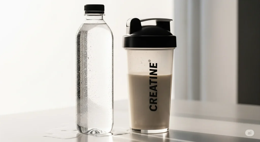 Garrafa de água moderna com gotas de água ao lado de um copo de shake com creatina. Creatina e água.