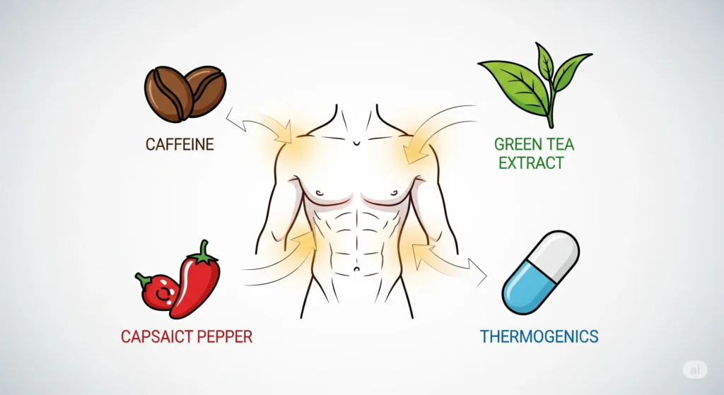 Infográfico mostrando a ação de termogênicos naturais como café, pimenta e chá verde. Termogênicos naturais.