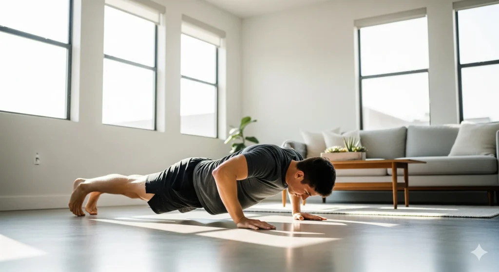 Uma pessoa atlética em uma sala de estar moderna e minimalista, fazendo uma flexão de braço. A imagem é limpa, inspiradora e sem a bagunça de uma academia. Palavra-chave na descrição: treino em casa sem peso