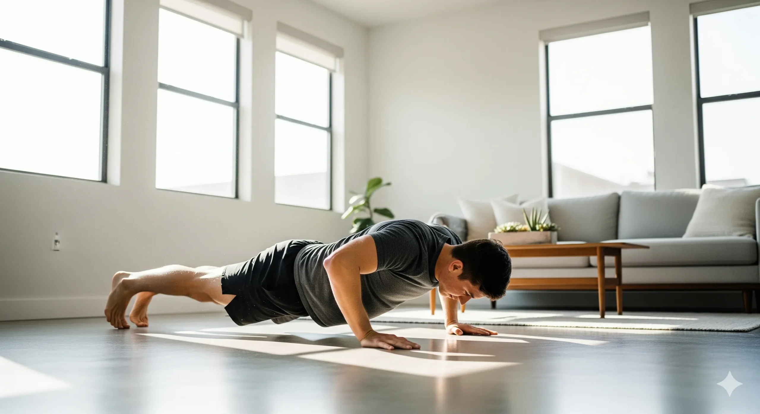 Uma pessoa atlética em uma sala de estar moderna e minimalista, fazendo uma flexão de braço. A imagem é limpa, inspiradora e sem a bagunça de uma academia. Palavra-chave na descrição: treino em casa sem peso