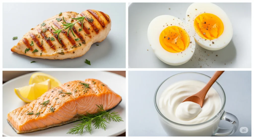 colagem de fotos de proteínas magras para emagrecer: frango, ovos, peixe e iogurte