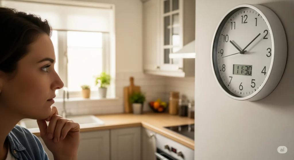 Pessoa ansiosa olhando para o relógio, esperando o fim do jejum. Superar a fome jejum intermitente.