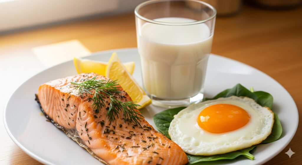 (Imagem de Destaque 2: Um prato com alimentos ricos em Vitamina D, como salmão assado, gema de ovo e um copo de leite fortificado. A imagem é apetitosa e ilustra as fontes alimentares da vitamina. Palavra-chave na descrição: saúde do atleta)