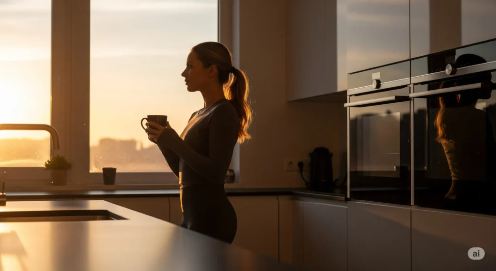 Mulher atlética na janela da cozinha, segurando café. Jejum intermitente para iniciantes.