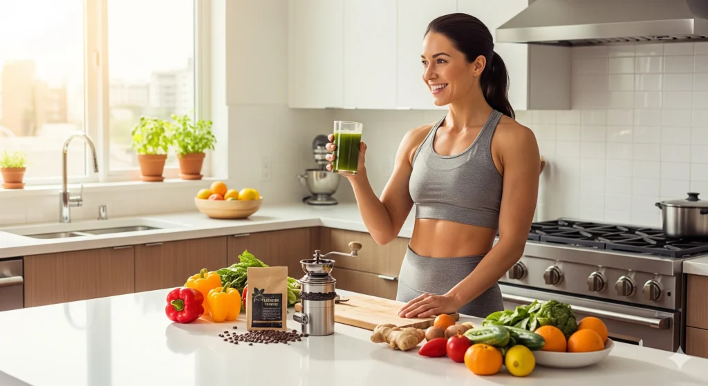 Pré-Treino Caseiro Uma imagem vibrante e inspiradora de uma mulher atlética em uma cozinha moderna, sorrindo e segurando um copo de suco verde. A luz do sol entra pela janela, e na bancada há pimentas, café, gengibre e outros alimentos, criando uma cena cheia de energia e cores.