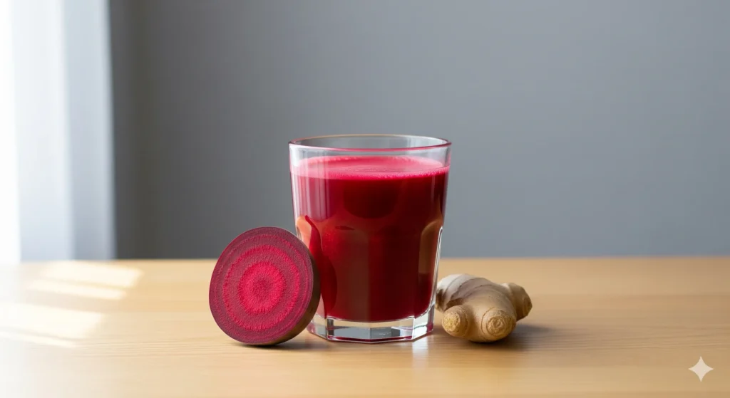 Um copo alto de suco vermelho vibrante, provavelmente de beterraba e gengibre, está sobre uma superfície de madeira clara. Ao lado do copo, uma beterraba cortada ao meio revela seus anéis concêntricos de cor, e um pedaço de gengibre repousa próximo. O fundo é uma parede cinza lisa, e a luz natural entra suavemente pela esquerda, criando uma atmosfera calma e focada nos ingredientes e na bebida