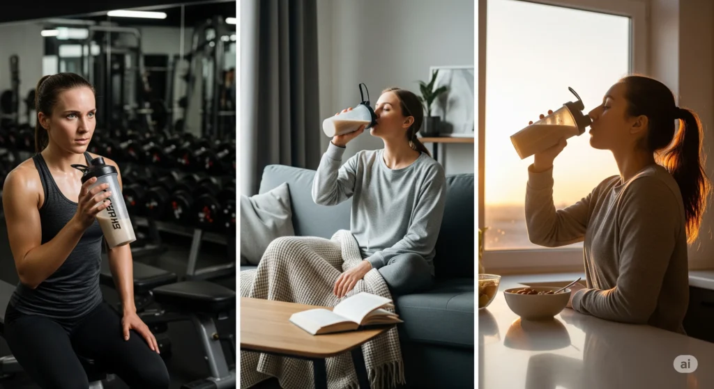 Colagem com três cenas diferentes: pessoa em academia pós-treino, pessoa bebendo shake em casa e pessoa tomando shake de manhã. Quando tomar whey protein.