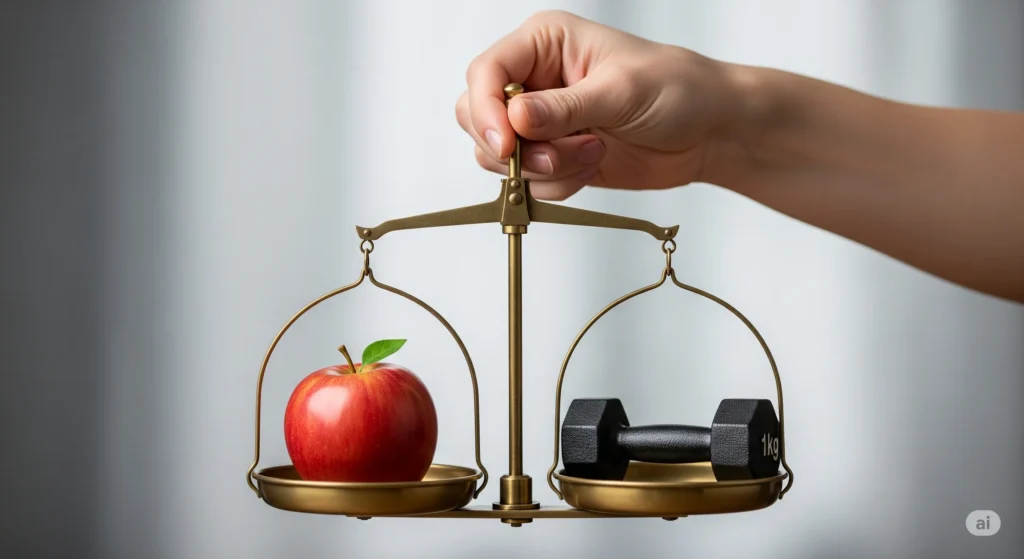 balança dieta e exercício para emagrecer com maçã e haltere