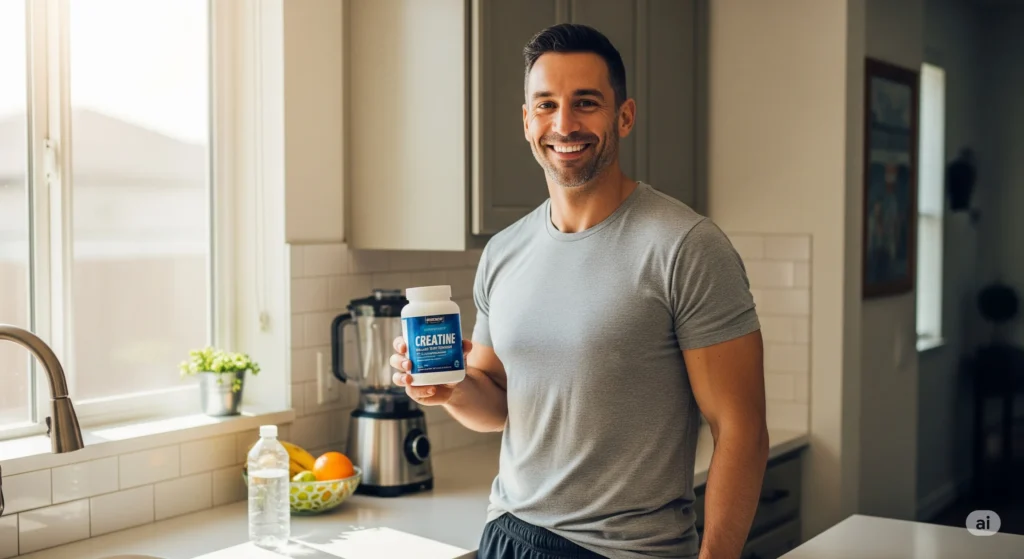 Homem sorrindo e segurando pote de creatina em uma cozinha moderna. Creatina para iniciantes