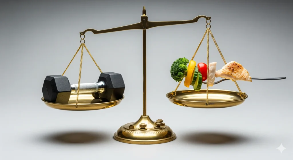 (Imagem de Destaque 6: Uma balança de pratos. Em um prato, há um halter pequeno. No outro, um garfo com um alimento saudável. Os pratos estão em equilíbrio perfeito. A imagem simboliza a importância de equilibrar treino e dieta para a hipertrofia. Palavra-chave na descrição: dieta para ganhar massa muscular erros)