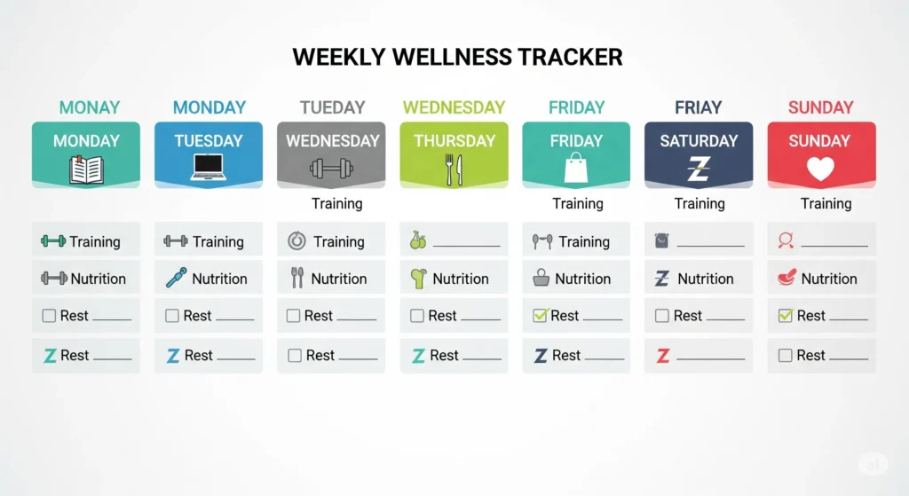 Infográfico de rotina de treino semanal com ícones de halteres e nutrição. Treino para hipertrofia.