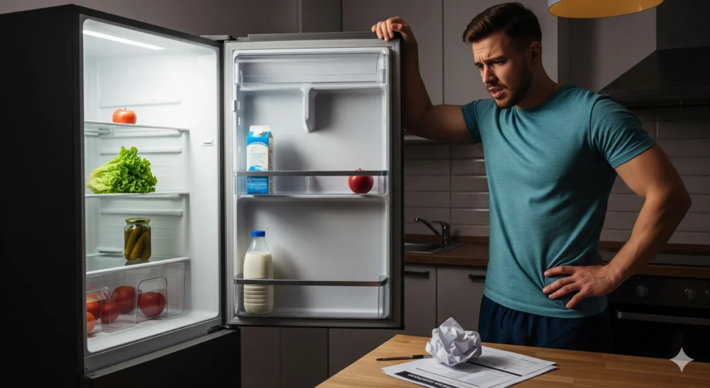 (Imagem de Destaque 1: Um homem frustrado e com uma expressão pensativa na frente da geladeira aberta, que está quase vazia. A imagem é empática e ilustra o erro de falta de planejamento. Palavra-chave na descrição: não consigo ganhar massa)