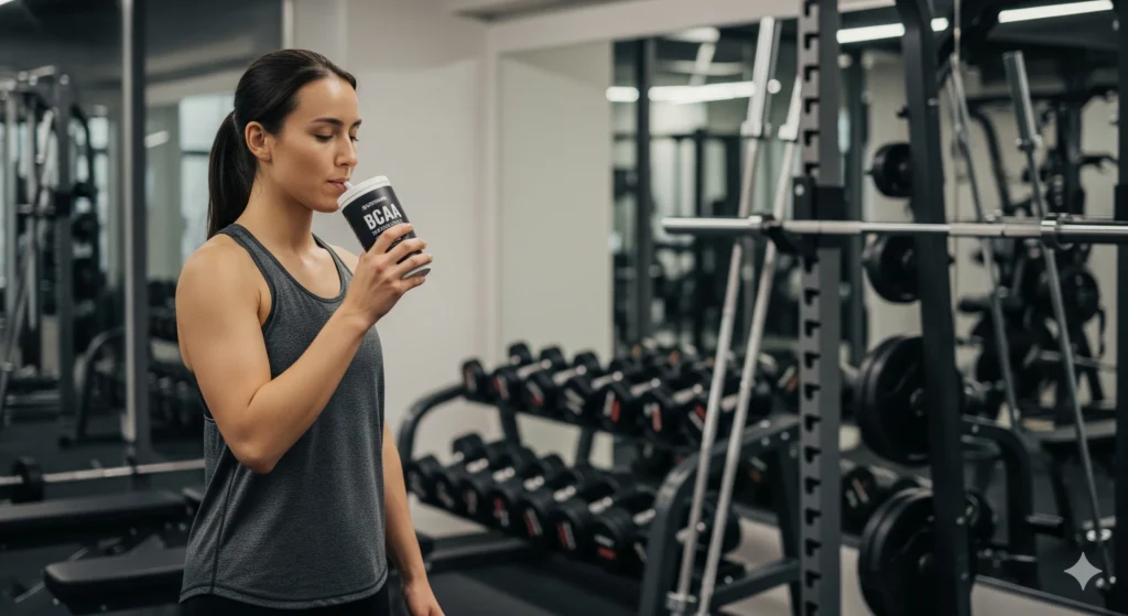 Pessoa em uma academia, bebendo um copo de BCAA, com halteres e barras de peso ao fundo. Imagem com tom de 'rotina diária' mostrando o uso do BCAA no treino."