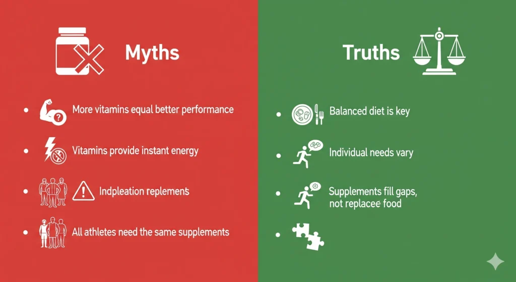 (Imagem de Destaque 6: Um infográfico que separa "Mitos" e "Verdades" sobre vitaminas para atletas. Ícones como um pote de suplementos com um "X" e uma balança de equilíbrio. Palavra-chave na descrição: vitaminas para desempenho)
