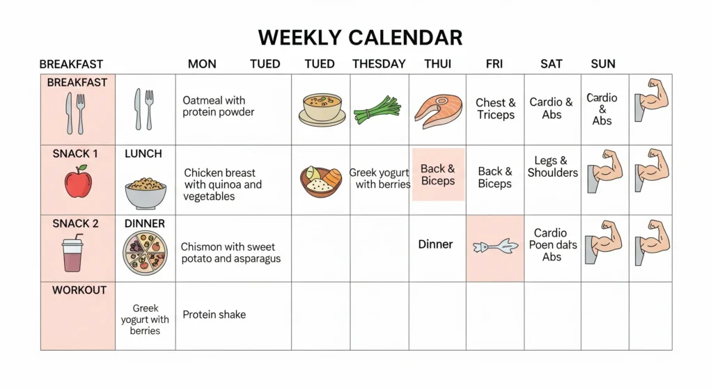 (Imagem de Destaque 3: Um layout de calendário semanal com ícones de refeições, lanches e treinos, mostrando um plano de dieta e exercícios para o ganho de massa muscular. Palavra-chave na descrição: planejamento dieta hipertrofia)