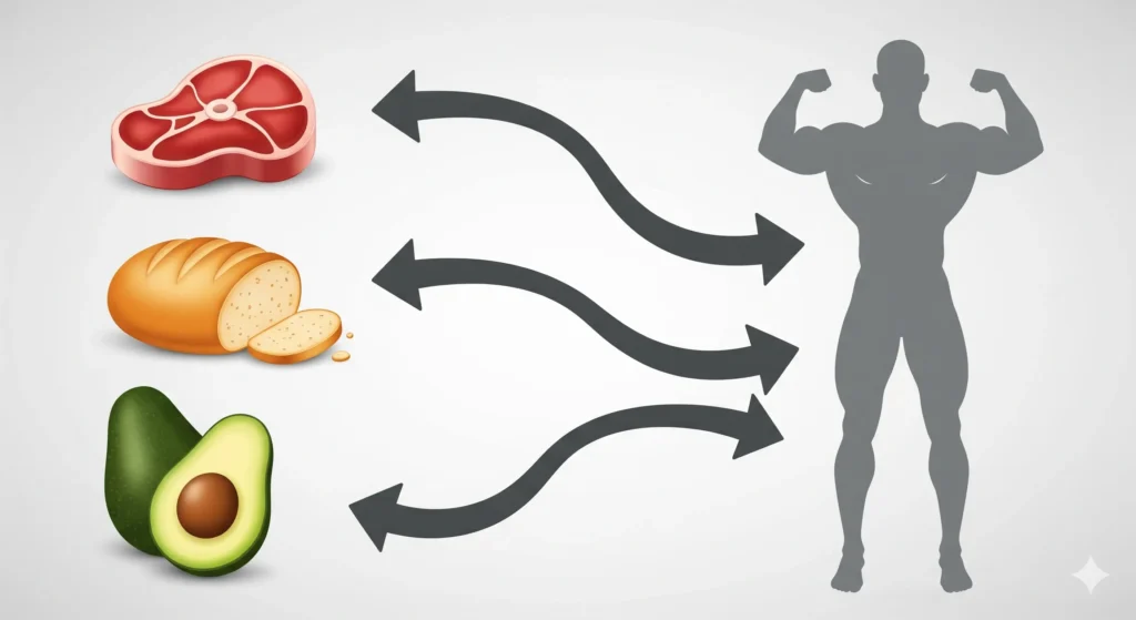 (Imagem de Destaque 2: Um infográfico visual com ícones para os 3 macronutrientes: uma peça de carne para proteína, um pão para carboidratos e um abacate para gorduras saudáveis. Setas apontam para um corpo forte. Palavra-chave na descrição: dieta hipertrofia)