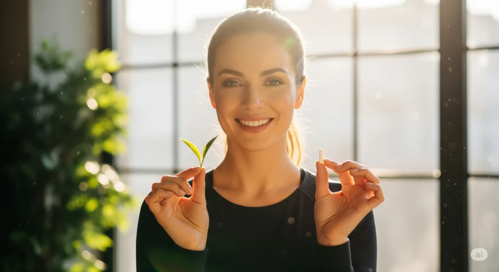 Mulher sorrindo, segurando uma folha e um comprimido. Fundo de janela com luz solar. Suplementos naturais para emagrecer.