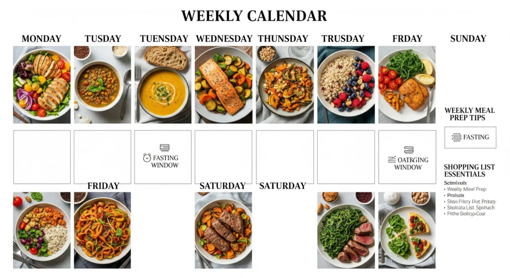 Layout de calendário semanal com fotos de pratos saudáveis para cada dia. Cardápio jejum intermitente.