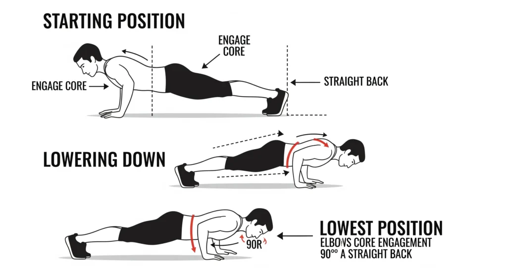 (Imagem de Destaque 3: Infográfico passo a passo de como fazer uma flexão corretamente. Posição inicial, pessoa abaixando e pessoa na posição mais baixa. Setas indicando o alinhamento do corpo e a contração do abdômen. Palavra-chave na descrição: treino de força em casa