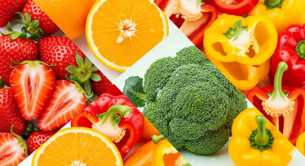 (Imagem de Destaque 3: Uma colagem de frutas e vegetais ricos em Vitamina C: morangos, laranjas, brócolis e pimentões. A imagem é fresca e vibrante. Palavra-chave na descrição: vitaminas para recuperação)