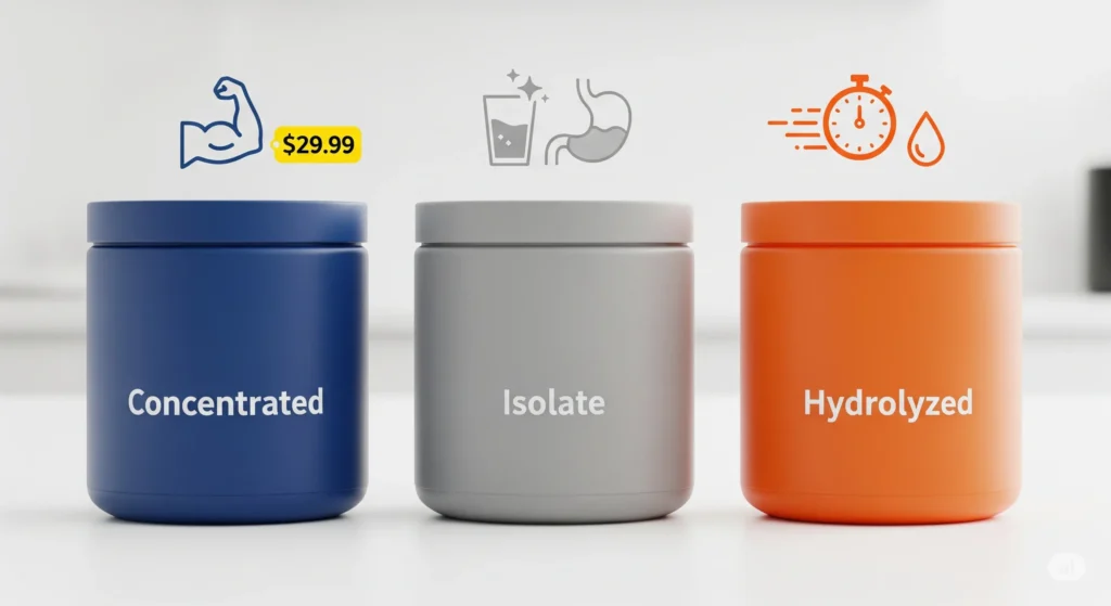 Representação dos três tipos de whey protein: concentrado, isolado e hidrolisado, com ícones sobre cada um. Tipos de whey protein.