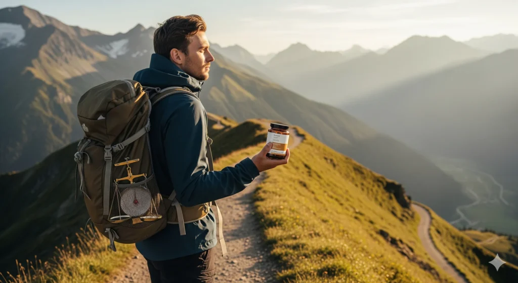 (Imagem de Destaque 7: Uma pessoa em um caminho de montanha, com a balança do equilíbrio na mochila e um pote de suplemento na mão. O tom é de uma jornada de saúde e equilíbrio. Palavra-chave na descrição: guia jejum intermitente)