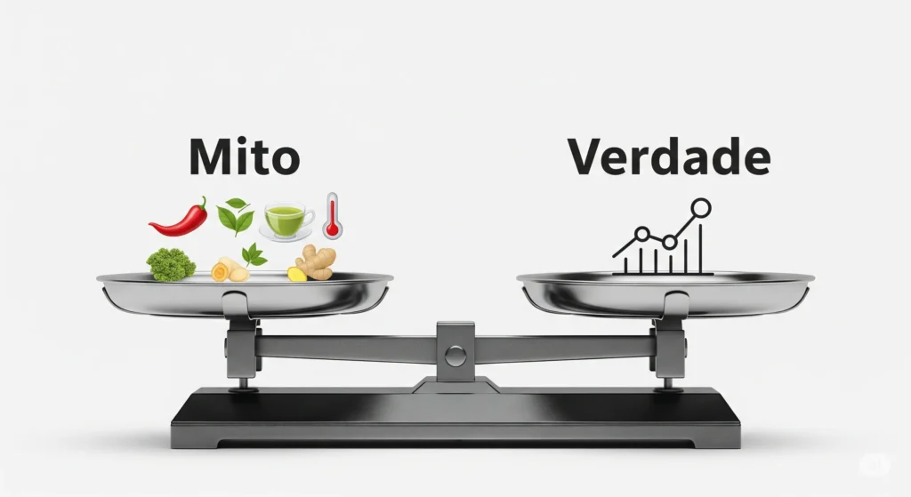 infográfico mitos e verdades sobre alimentos termogênicos balança