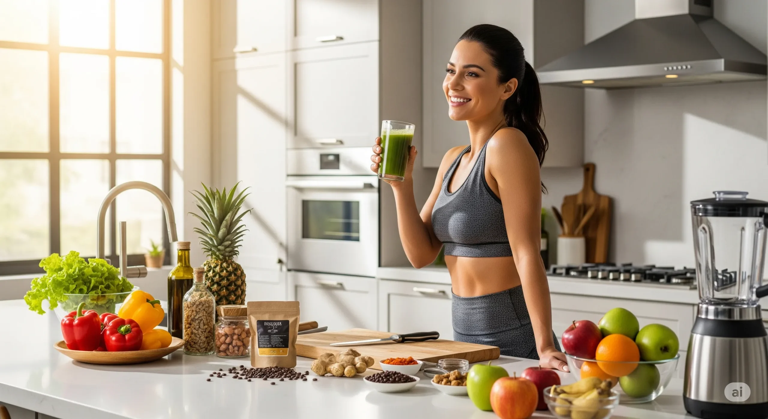 mulher atlética na cozinha com alimentos que aceleram o metabolismo, como pimentas e gengibre, segurando suco verde