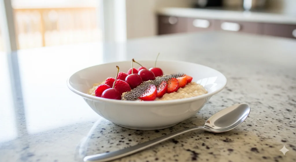 Um pote de mingau de aveia, decorado com frutas vermelhas e sementes de chia. O pote está sobre uma bancada de cozinha, com uma colher ao lado.