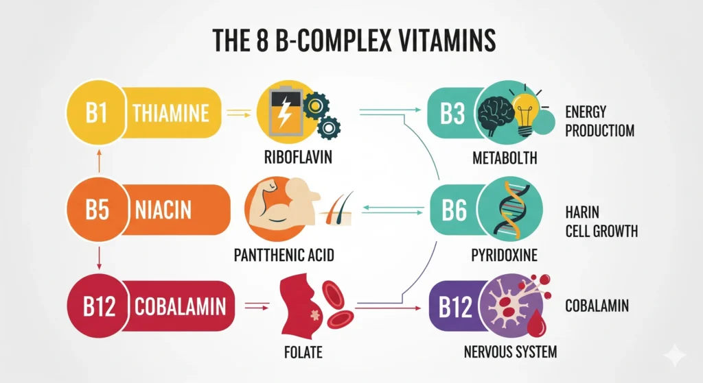 (Imagem de Destaque 4: Um layout de infográfico mostrando as 8 vitaminas do complexo B. Cada vitamina tem um ícone representativo (uma bateria para energia, um músculo para função, etc.). A imagem é didática e colorida. Palavra-chave na descrição: vitaminas para desempenho)